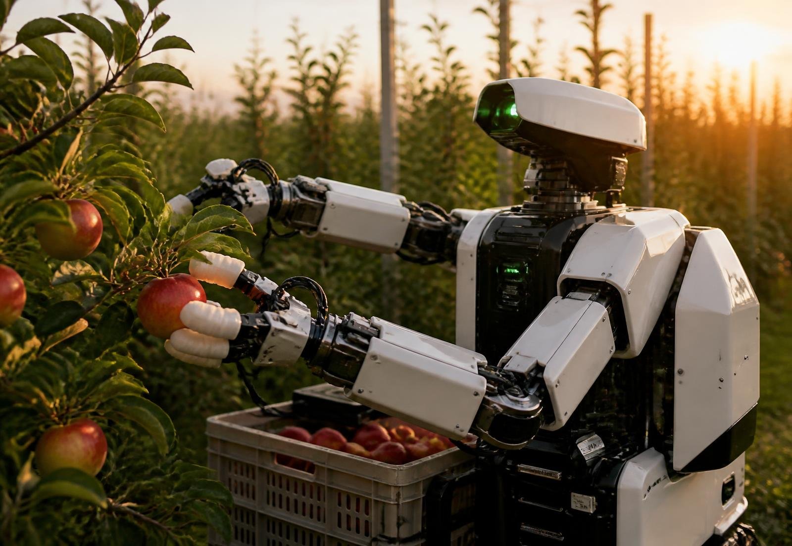 Autonomous harvest rig picking ripe apples in a trellised orchard